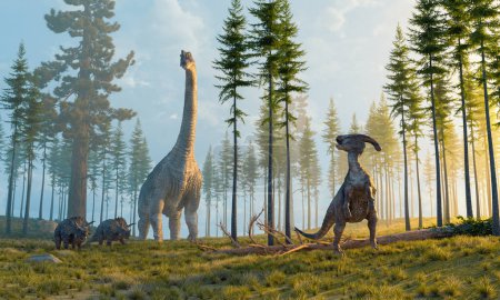 Foto de Dinosaurios en la naturaleza en las montañas. Esta es una ilustración de renderizado 3d - Imagen libre de derechos