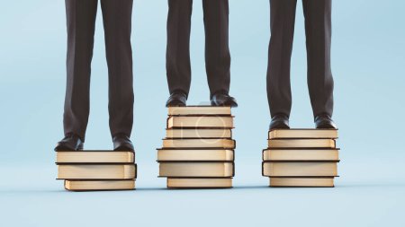 Photo for Three people standing on books podium . Self development and knowledge concept . This is a 3d render illustration. - Royalty Free Image