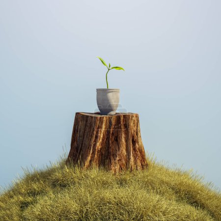 Baumstamm mit einer kleinen Pflanze, die darüber wächst. Von vorne anfangen und an das Prozesskonzept glauben. Dies ist eine 3D-Darstellung . 