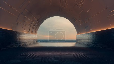 Téléchargez les photos : Tunnel futuriste vers le ciel. Imagination et concept technologique futur. Ceci est une illustration de rendu 3d. - en image libre de droit