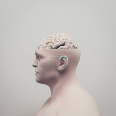 Conceptual men with half head and his brain out . Artificial intelligence concept . This is a 3d render illustration. 