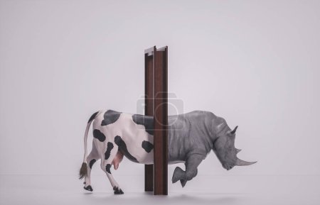 Téléchargez les photos : La vache passe une porte et sort comme un rhinocéros. Changement de mentalité et concept d'approche différent. Une décision qui change la vie et de nouvelles opportunités. Ceci est une illustration de rendu 3d . - en image libre de droit