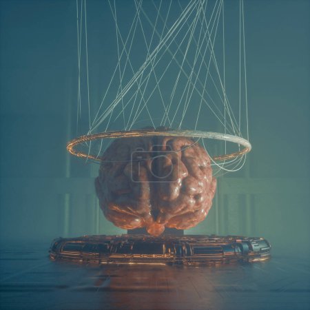 Foto de Sala futurista con cerebro humano. inteligencia artificial y concepto de desarrollo de la ciencia. Esta es una ilustración de renderizado 3d . - Imagen libre de derechos