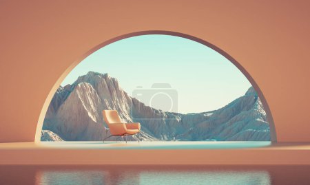 Téléchargez les photos : Design minimaliste d'une terrasse avec une chaise en face d'une arcade avec vue sur une montagne. Ceci est une illustration de rendu 3d. - en image libre de droit