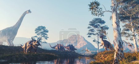 Dinosaurs at the mountain valley. This is a 3d render illustration.