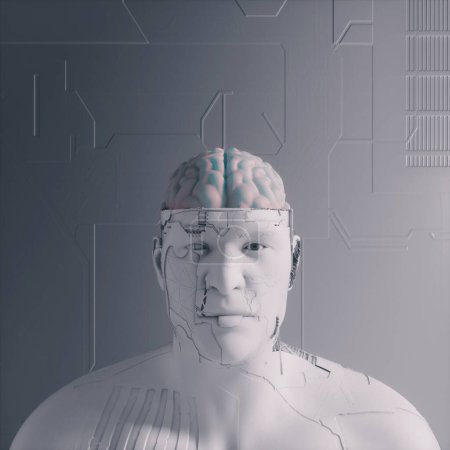 Photo for Robot with human brain on futuristic white background . Machine learning and robotics concept . This is a 3d render illustration. - Royalty Free Image