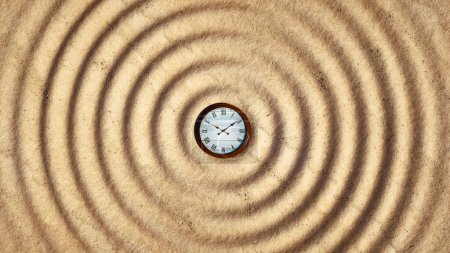 Foto de Imagen surrealista de un reloj creando ondas en la arena. Plazo y concepto de pérdida de tiempo. Esta es una ilustración de renderizado 3d. - Imagen libre de derechos