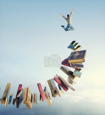 Téléchargez les photos : L'homme saute d'un tas de livres. Concept d'éducation et d'auto-développement. Ceci est une illustration de rendu 3d. - en image libre de droit