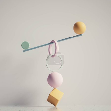 Photo for Geometrical objects in balance . Confidence and impossible balance concept . This is a 3d render illustration . - Royalty Free Image