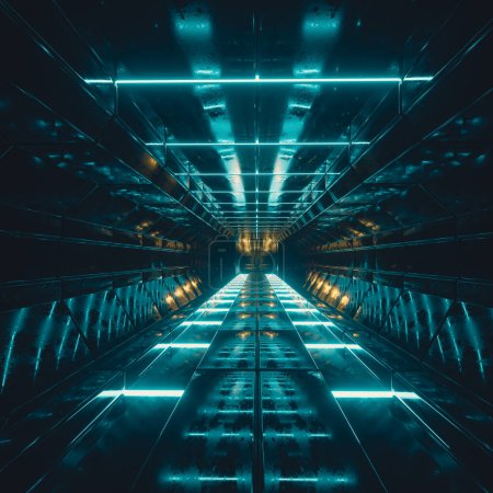 Foto de Futuristic dark tunnel with neon lights . Sci fi corridor . This is a 3d render illustration . - Imagen libre de derechos