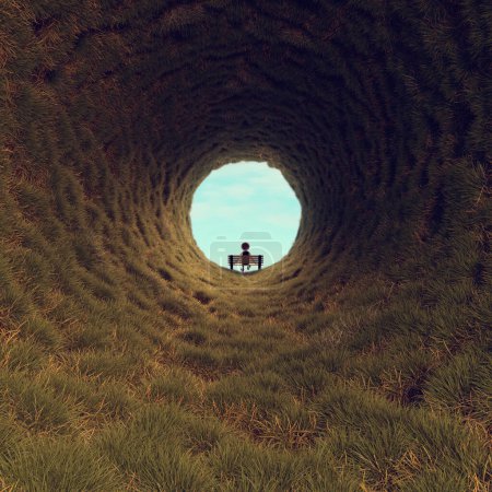 Téléchargez les photos : Un homme assis sur un banc au bout d'un tunnel d'herbe. Concept de voyage et de destination. Ceci est une illustration de rendu 3d. - en image libre de droit
