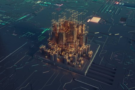 Téléchargez les photos : Futuriste carte cpu avec néons. Big Data et concept de développement. Ceci est une illustration de rendu 3d. - en image libre de droit