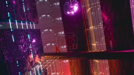 Foto de Astronaut walks on structure in a futuristic city . Dystopian and science fiction concept . This is a 3d render illustration . - Imagen libre de derechos