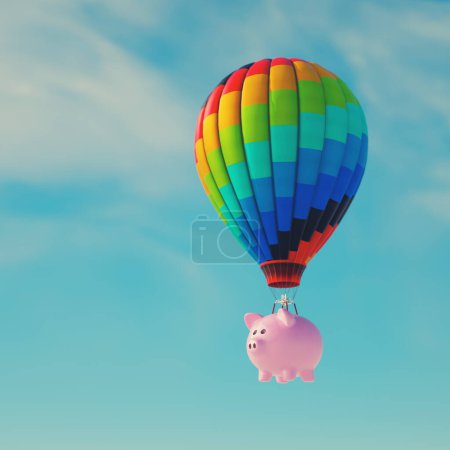Téléchargez les photos : Une tirelire volant avec une montgolfière. Concept d'investissement et d'épargne. Ceci est une illustration de rendu 3d. - en image libre de droit