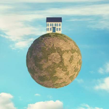 Foto de Casa en la parte superior de una esfera de hierba. Concepto de bienes raíces e inversión. Esta es una ilustración de renderizado 3d. - Imagen libre de derechos