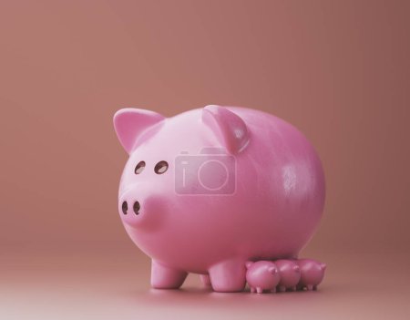 Photo for Piggy bank and with some smaller ones. Stock market investments and passive income concept . This is a 3d render illustration. - Royalty Free Image