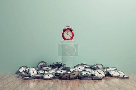 Photo for Alarm clock standing over a group of fallen watches . Time management and wasting time concept . This is a 3d render illustration. - Royalty Free Image
