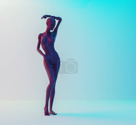 Téléchargez les photos : Femme abstraite posant sur fond de studio. Concept d'intelligence artificielle. Ceci est une illustration de rendu 3d. - en image libre de droit