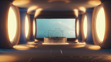 Foto de Plataforma futurista dentro de una colorida sala de ciencia ficción. Esta es una ilustración de renderizado 3d. - Imagen libre de derechos