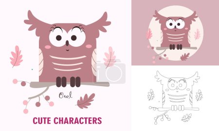 Illustration for Coloring cute animals for kids with owl outline - Royalty Free Image