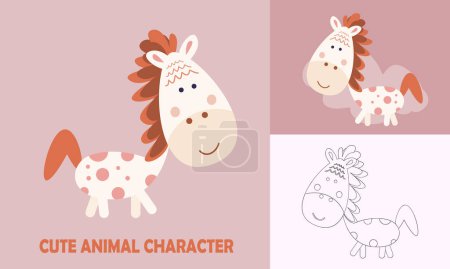 Illustration for Coloring cute animals for kids with horse outline - Royalty Free Image