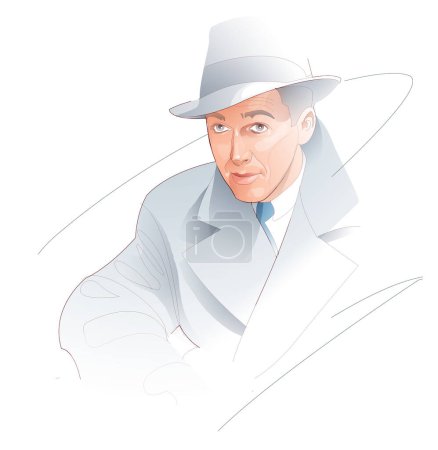 Téléchargez les photos : Digital illustration of actor James Steward. American classic cinema. Dressed in a raincoat and hat, on a white background. - en image libre de droit
