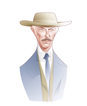 Foto de Digital caricature illustration of actor Lee Van Cleef. Classic western cinema. Dressed in cowboy hat and fancy clothes, front view on white background. - Imagen libre de derechos