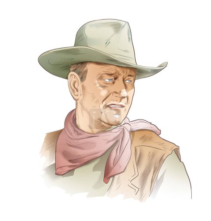 Téléchargez les photos : Digital illustration of actor John Wayne. American classic cinema. Dressed in cowboy hat and clothes, looking to the side on white background. - en image libre de droit