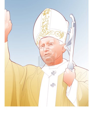 Photo for Digital illustration of Pope John Paul II. Smiling image dressed in white with a green cloak. Seen from the side cut out on white background. - Royalty Free Image