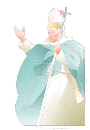Téléchargez les photos : Digital illustration of Pope John Paul II. Smiling image dressed in white with a green cloak. Seen from the side cut out on white background. - en image libre de droit