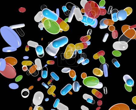 3D-Illustration von Medikamentenkapseln und Tabletten mit verschiedenen grafischen Stilen. Schweben in der Luft in Bewegung ausgeschnitten auf schwarzem Hintergrund.