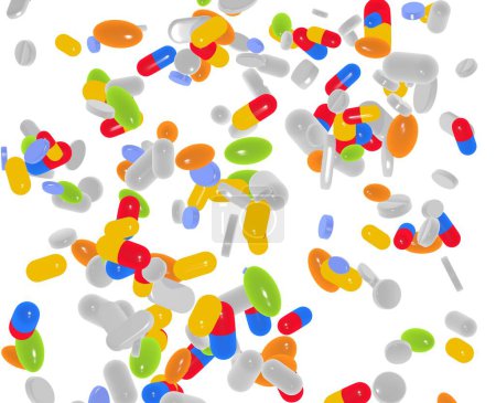 3d ilustración de cápsulas y comprimidos de varios medicamentos. Flotando en el aire en movimiento recortado sobre fondo blanco.