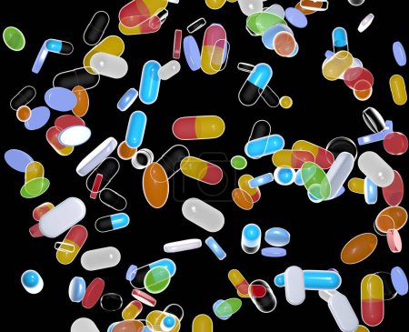 3D-Illustration von Medikamentenkapseln und Tabletten mit verschiedenen grafischen Stilen. Schweben in der Luft in Bewegung ausgeschnitten auf schwarzem Hintergrund.