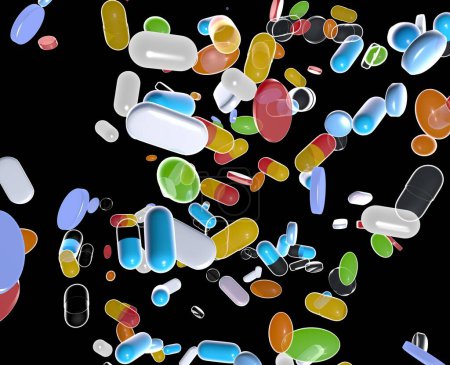 3d illustration of medicine capsules and tablets with various graphic styles. Floating in the air in motion cut out on black background.