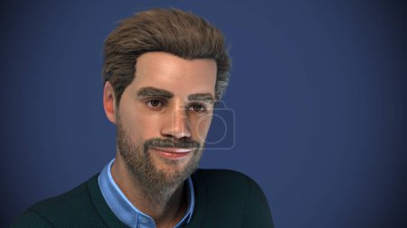 Téléchargez les photos : Senior homme quarante ans avec barbe sur fond bleu studio portrait illustration 3D - en image libre de droit