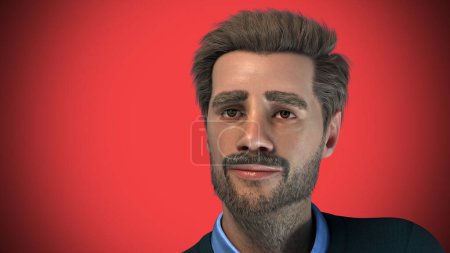 Téléchargez les photos : Senior homme inquiet quarante ans avec barbe sur fond rouge émotionnel studio portrait illustration 3D - en image libre de droit