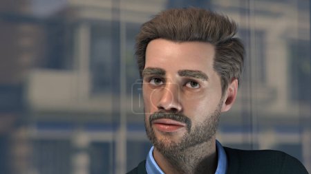 Téléchargez les photos : Homme dans la quarantaine avec une barbe et de gros sourcils portrait sur les bâtiments ville fond illustration 3D - en image libre de droit