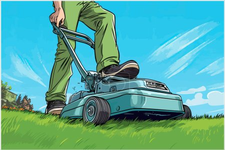Illustration for Landscaping services business gardening equipment lawn mower close-up garden grass mowing feet on engine vector illustration - Royalty Free Image