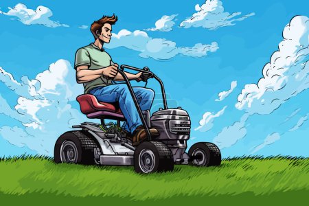 Illustration for Landscaping services business gardening equipment lawn man on tractor mower garden grass mowing vector illustration - Royalty Free Image