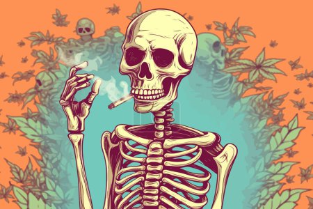 Illustration for Skeleton smoking marijuana abuse evil degradation destruction of brain cannabis smoke drug weed intoxication - Royalty Free Image