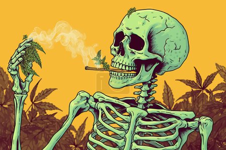 Illustration for This vector illustration depicts a skeleton smoking cannabis/marijuana, emphasizing the potential health risks associated with the drug. The image is ideal for use in educational materials, presentations, and marketing campaigns related to drug abuse - Royalty Free Image