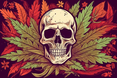 Illustration for Skeleton skull resting on a bed of marijuana leaves, emphasizing the potential health risks associated with the toxic smoke produced by smoking marijuana drug abuse, addiction, and public health. ai generated. - Royalty Free Image