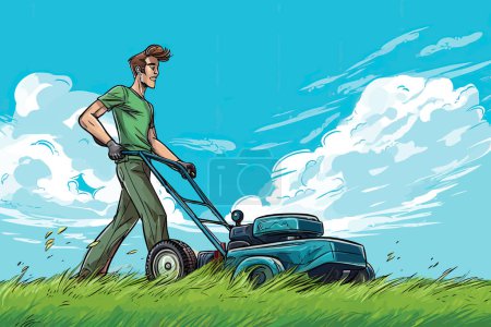 Illustration for Man mowing his lawn, adding a touch of realism and detail to any project related to lawn care, gardening, or landscaping. The image is perfect for use in marketing materials, instructional guides. - Royalty Free Image