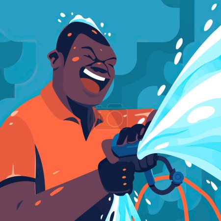 Téléchargez les illustrations : Nettoyage d'un mur avec un jet d'eau tuyau de pression homme lavage avec un équipement professionnel de puissance - en licence libre de droit