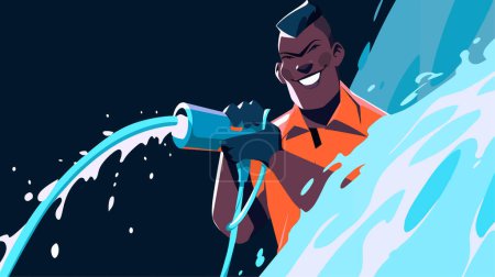 Téléchargez les illustrations : Lavage de voiture homme nettoyage avec jet d'eau tuyau de pression puissance de lavage industrielle vecteur propre illustration - en licence libre de droit