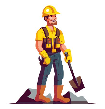 Téléchargez les illustrations : Travailleur de la construction jaune dur chapeau homme tenant la pelle portant des bottes de travail à l'extérieur bricoleur ai généré - en licence libre de droit