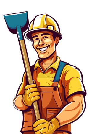 Téléchargez les illustrations : Homme tenant une pelle travailleur de la construction casque dur isolé sur fond blanc bricoleur souriant ai généré vecteur - en licence libre de droit