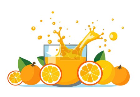 Illustration for Pitcher of orange juice with fresh juicy oranges, and a single orange being thrown into the mix, creating a splashing effect. This delightful and refreshing image embodies the essence of summer and good health, highlighting the simplicity and delicio - Royalty Free Image