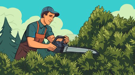 A beautifully manicured cedar hedge being trimmed by a professional gardener with the help of a gas-powered hedge trimmer. AI-generated.