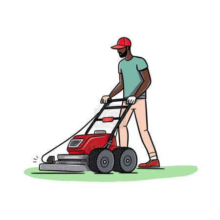 Hardworking man mowing his lawn with a powerful lawnmower on white background. Perfect for homeowners and landscaping businesses alike, this illustration is sure to make your lawn and garden business projects look attractive and appealing. Ai generat